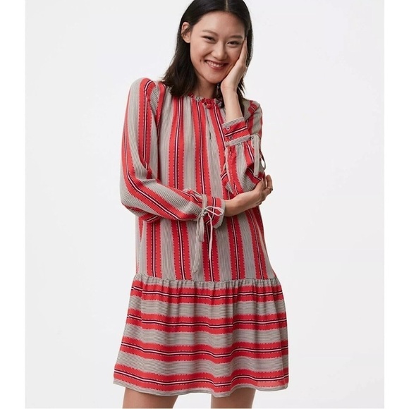 LOFT Red Striped Drop Waist Flounce Dress Long Sleeve Tie Sleeve Size S - Picture 1 of 10